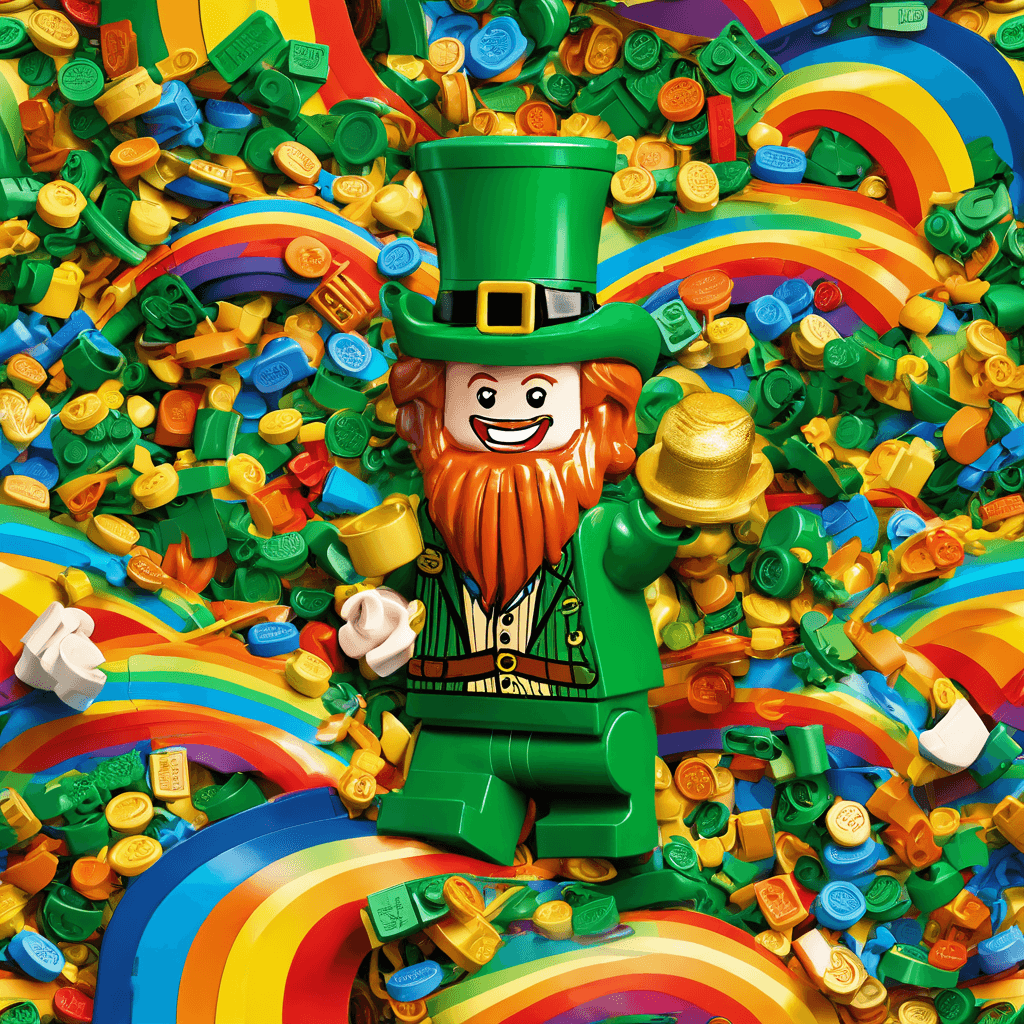 a lego leprechaun sitting near a pot of gold at the end of a rainbow